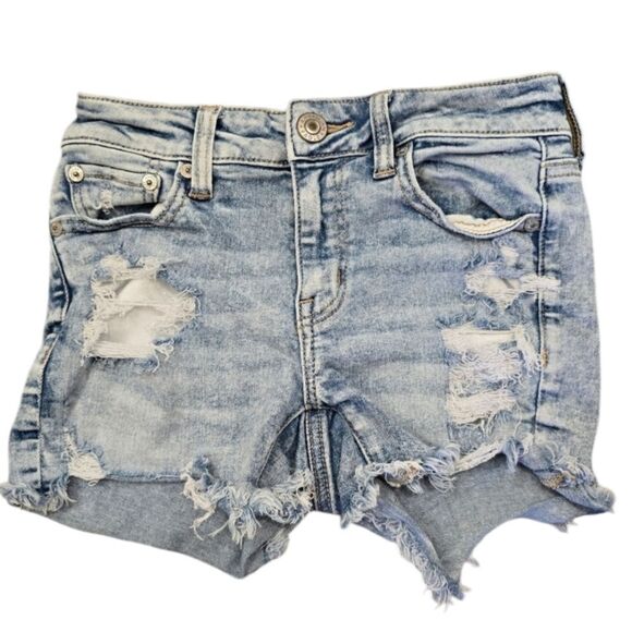 American Eagle Next Level Stretch Distressed Shorts Size 0 Mid Rise Denim - Picture 1 of 4
